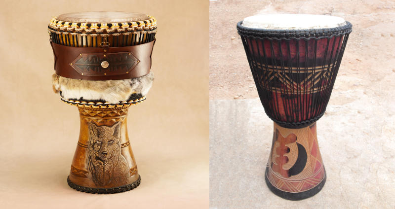 Side by side comparison of mass-produced Ghanaian djembe versus custom handcrafted drum