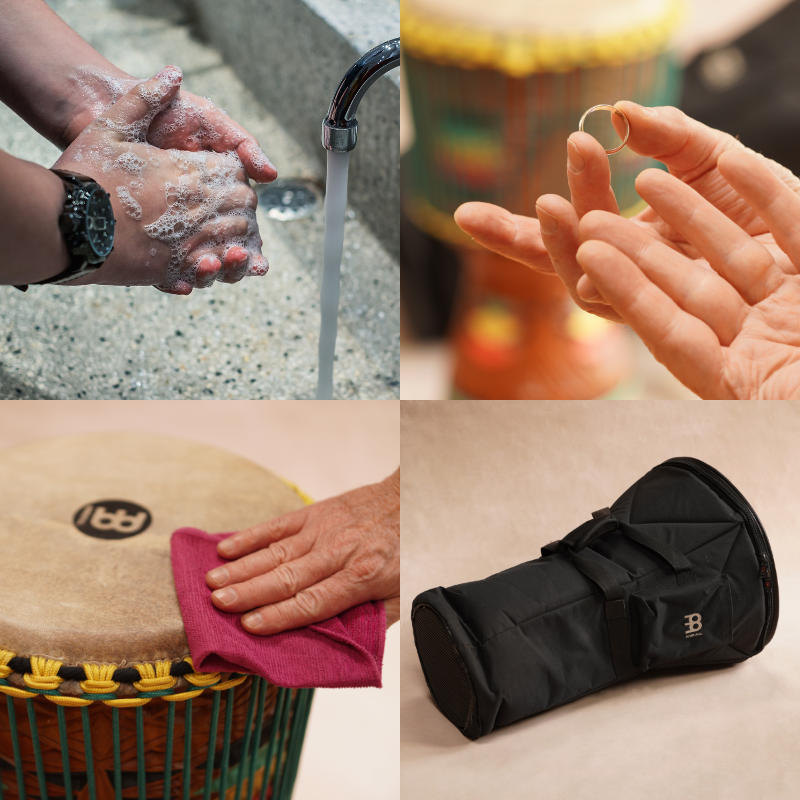 Proper djembe daily care routine showing clean hands, jewelry removal, gentle cleaning and storage
