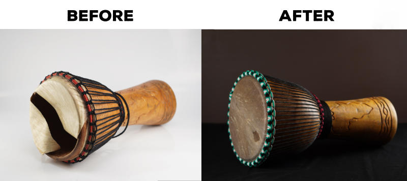 Fix Your Djembe Like A Pro - Course - Before and after shots of a repaired djembe
