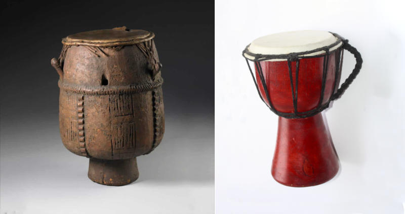 Antique museum djembe compared to modern curio drum showing dramatic value differences