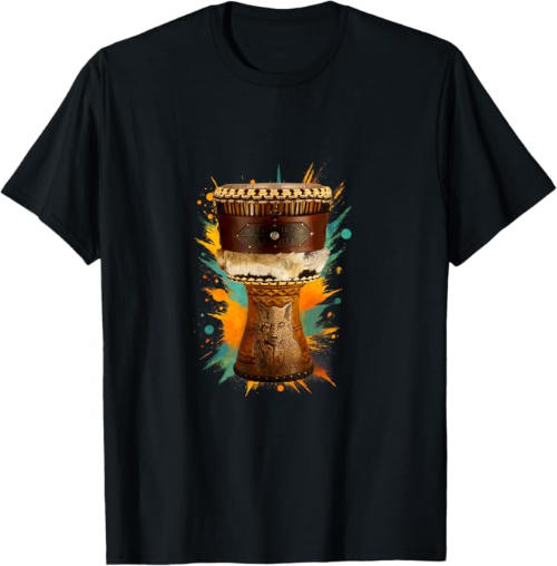Djembe T Shirt Black Custom drum wolf design, with paint splatter background