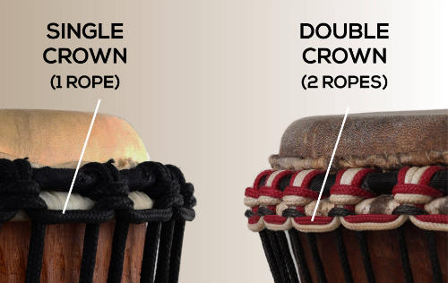 A comparison of single vs double crown in the top rope of a djembe. One drum shows a single crown and the nother a double, with the ropes running parallel and creating an option for a colour combination.